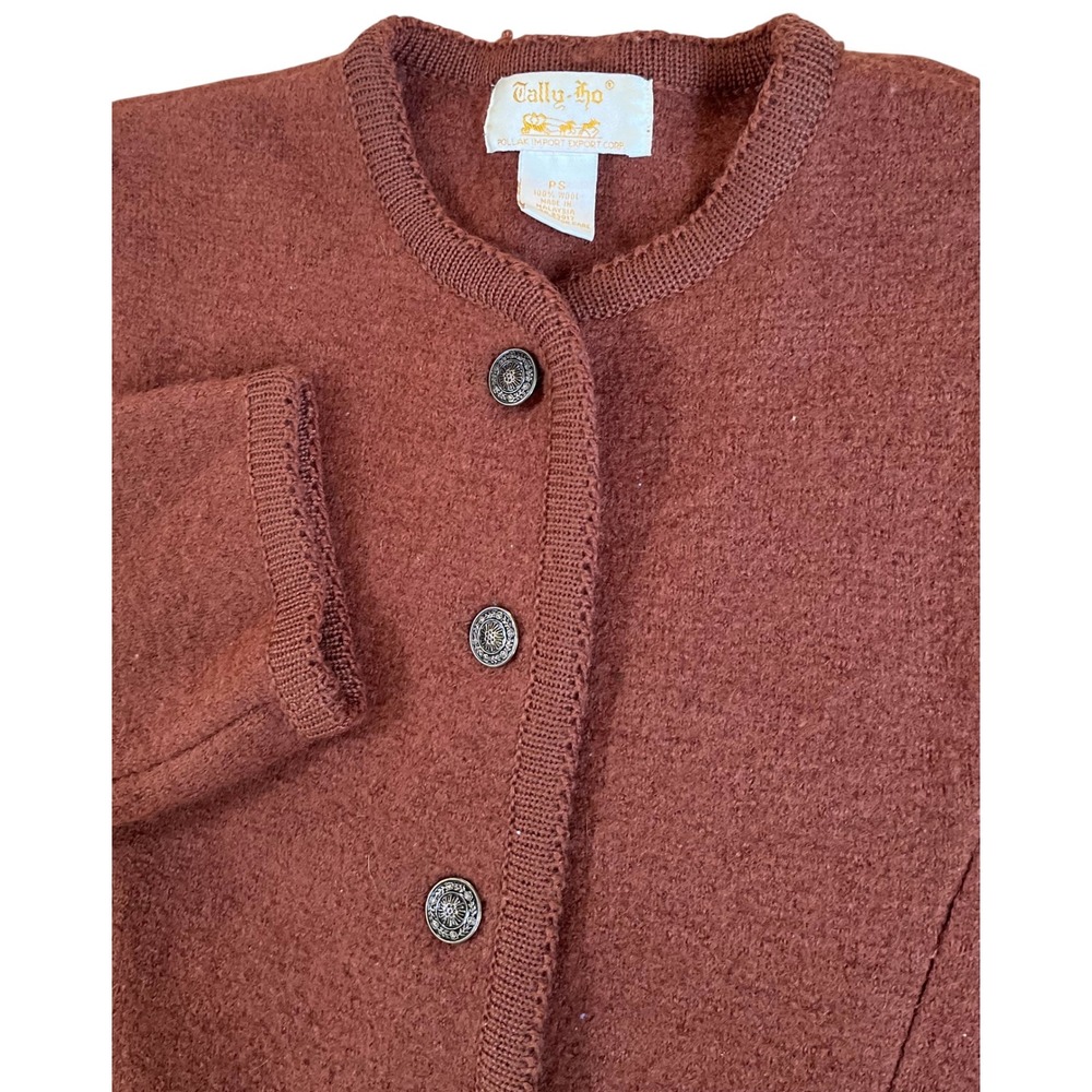 Vtg Tally-Ho Vintage Wool Cardigan Sweater Rust Brown Button Up Petite Small PS